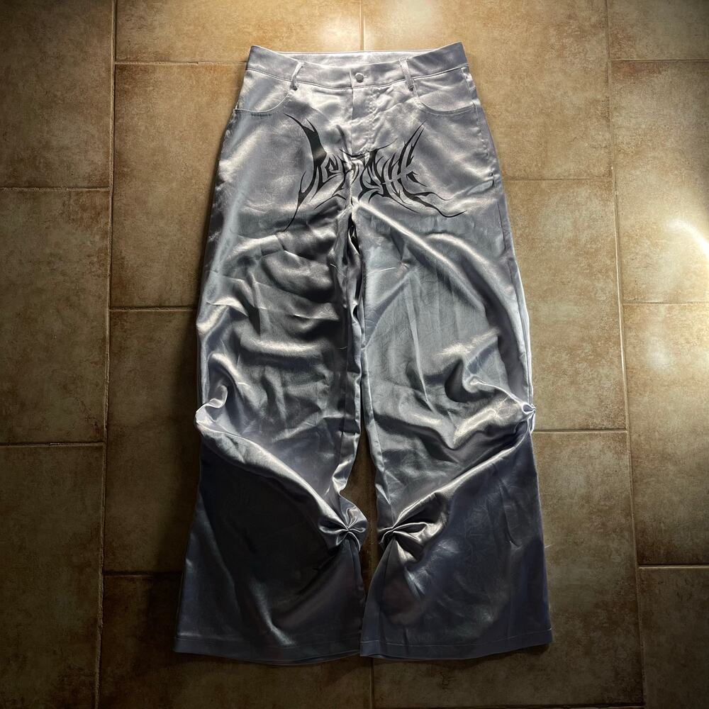 Gothic Crotch Print Silver Baggy Pants